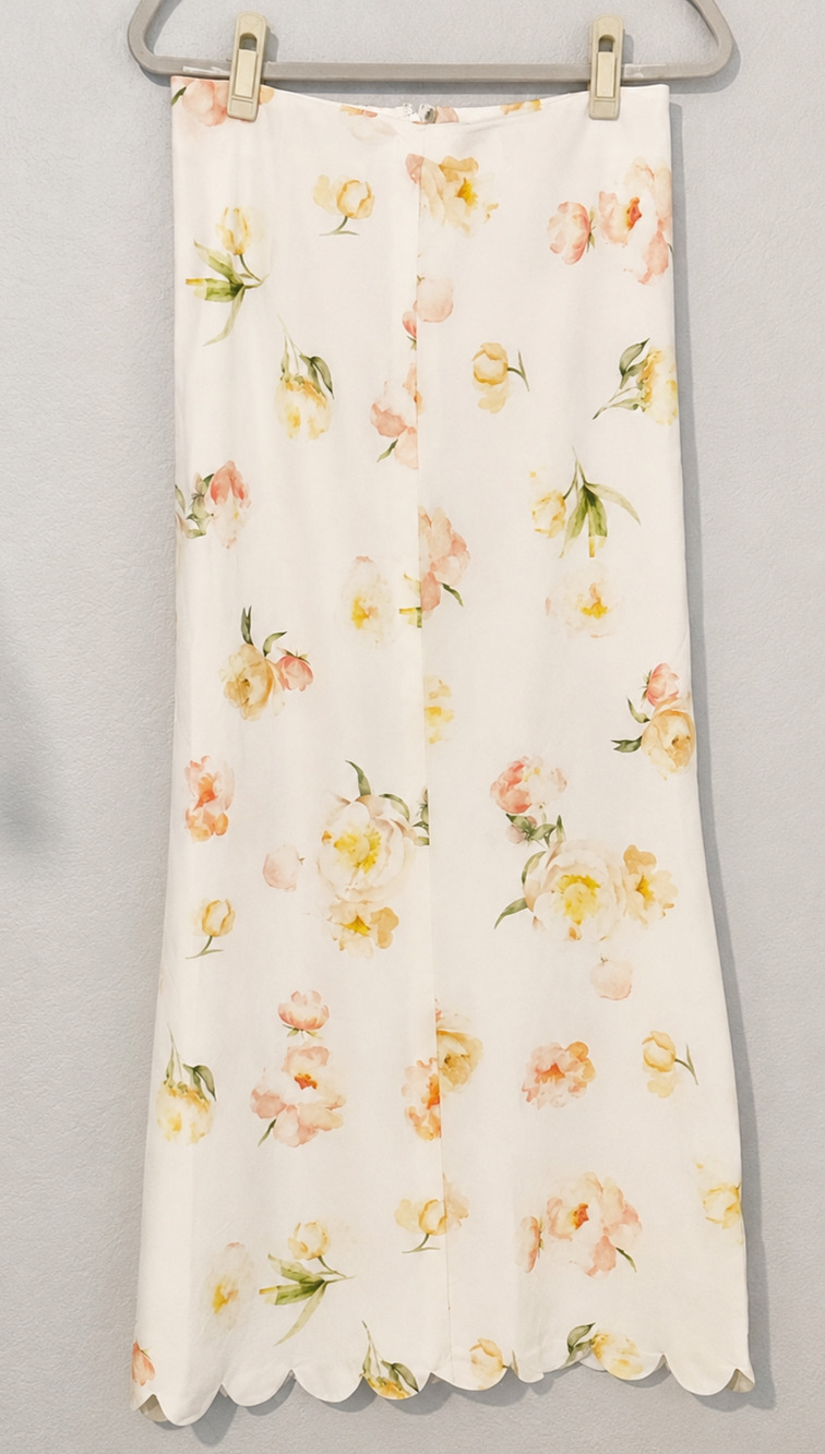 VICI Floral Maxi Skirt Cream Yellow Pink Scallop Hem 100% Cotton Cottagecore - M